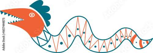 A whimsical cartoon illustration of a long, wavy sea creature with a sharp-toothed head and a patterned body.