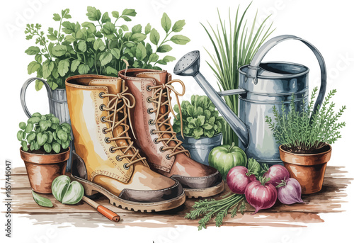 A rustic and inviting collection of gardening essentials, including sturdy boots, a metal watering can, and various potted herbs and vegetables.