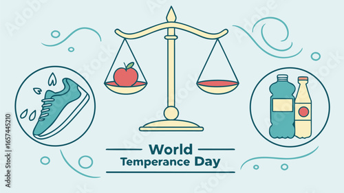 World Temperance Day Vector Illustration – Balanced Scales with Healthy Choices
