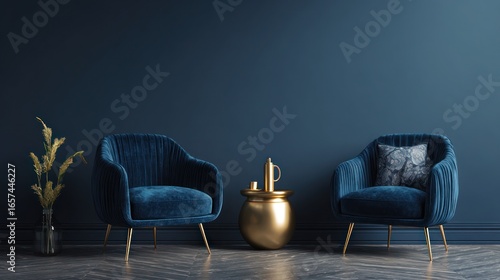 Modern living room with deep blue velvet armchairs