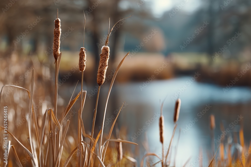 Naklejka premium Close-up of brown cattail plants with a blurred water background. Nature scene for ecology and outdoor concepts.