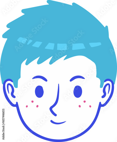 A stylized illustration of a young person's face with bright blue hair and freckles, conveying a friendly and approachable demeanor.