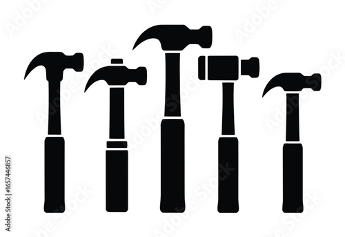 Collection of five different hammer silhouettes on a white background silhouette