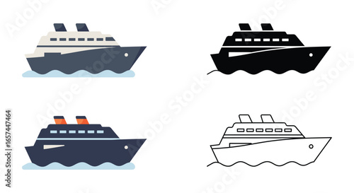 Four different cruise ships in various colors and line styles on water silhouette