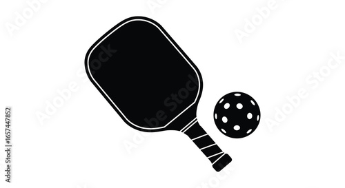 pickleball paddle and ball in simple black and white illustration style silhouette