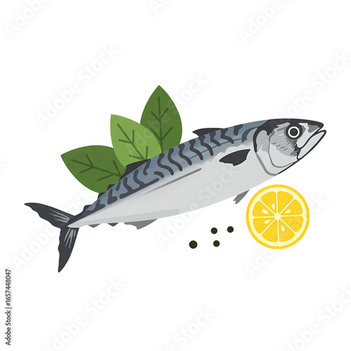 Fresh Mackerel Fish with Green Leaves and Lemon Slice on Transparent Background