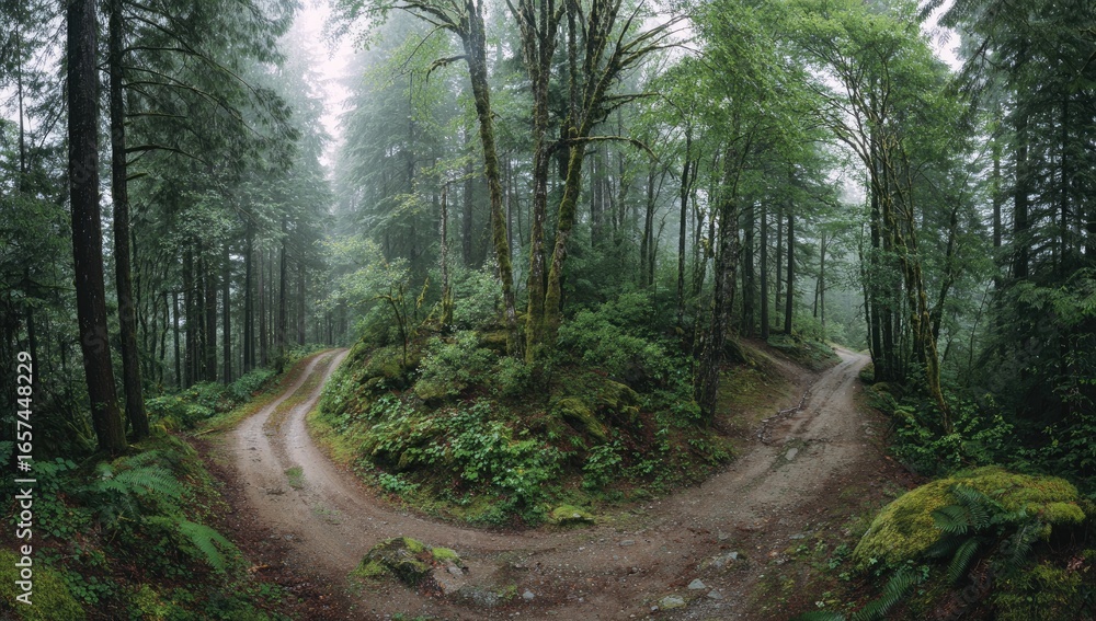 Naklejka premium Misty forest trail fork; nature, adventure, choice, travel, landscape photography