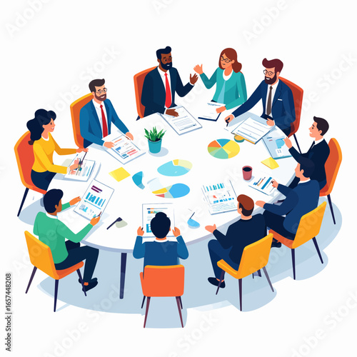 Diverse group of professionals collaborating around a circular conference table, discussing business strategies and sharing ideas in a modern meeting room.