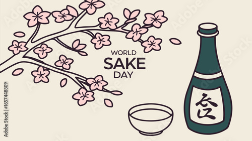 World Sake Day Vector Illustration - Elegant Sake Bottle and Cup with Cherry Blossoms in Japanese-Inspired Flat Design