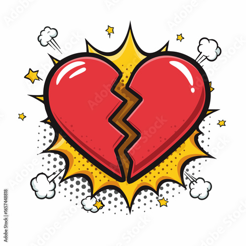 Broken heart illustration with explosion and starburst background  