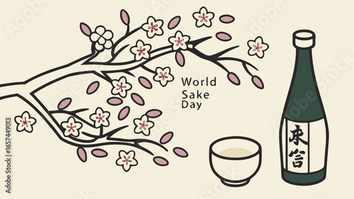 Elegant Vector Illustration for World Sake Day – Sake Bottle, Cup, and Cherry Blossoms in Flat Design