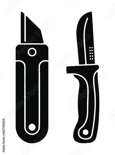 Two sharp cutting tools one utility knife and one hunting knife silhouette