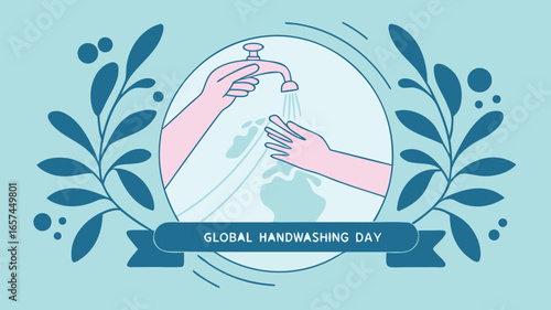 Global Handwashing Day Vector Illustration - Minimalist Hands with Soap Suds and Water Stream in Clean Flat Design