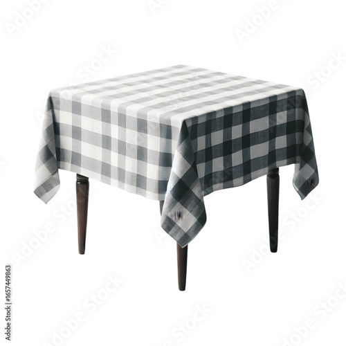 Square wooden table covered with a green and white checkered tablecloth