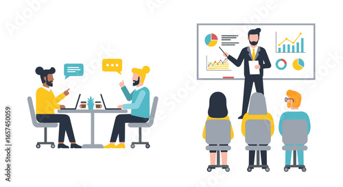 A Business Presentation and Team Collaboration are shown in this illustration, with a speaker presenting data to an audience and a separate team working together on laptops.