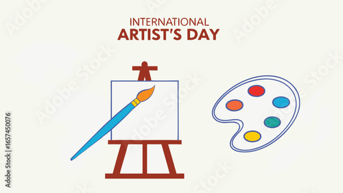International Artist's Day Vector Illustration - Easel, Canvas, and Globe with Paint Palette in Elegant Flat Design