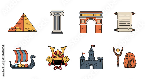 A Collection of Illustrated Historical Landmarks and Objects Featuring a Pyramid, Column, Arch, Scroll, Viking Ship, Samurai Helmet, Castle, and Ancient Artifacts, Perfect for Education