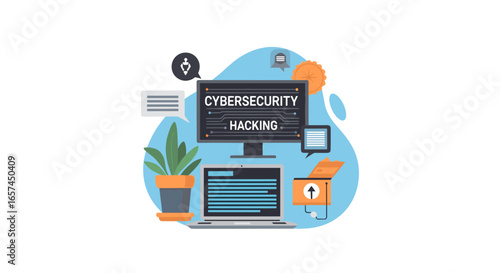 A Conceptual illustration of Cybersecurity and Hacking is depicted with a laptop, computer monitor, and associated icons, representing digital security and cyber threats, ideal 