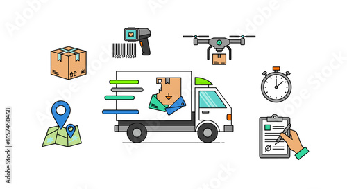 A Delivery Illustration Depicts Modern Logistics, Featuring Shipping Elements such as a Delivery Truck, Drone, Barcode Scanner, Map, Stopwatch, and Package Box, Illustrating Efficient