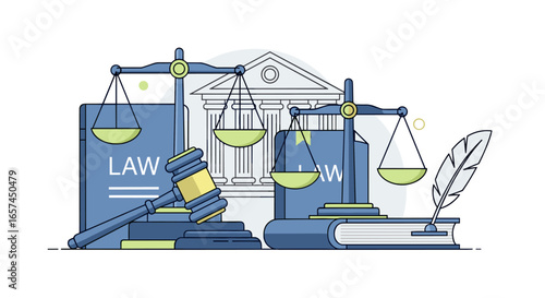 A depiction of Law, this illustration features a balance scale, a gavel, a book labeled with the word Law , and a quill pen, representing the legal system, and the concept of justice.