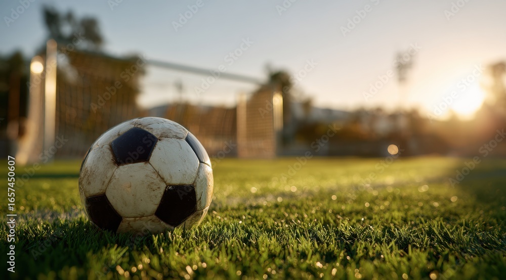 Fototapeta premium Close-up of a classic black and white soccer ball resting on lush green grass during late afternoon sunlight in an outdoor sports field
