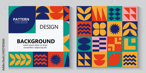 Bauhaus Colorful neo geometric poster, banner or cards seamless pattern collection. Abstract monochrome designs with simple geometry shapes. Modern abstract promotional template flayer background.