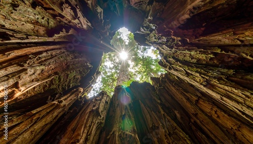 A unique low-angle perspective from inside a giant hollow tree, gazing up towards the sunlit forest canopy and sky