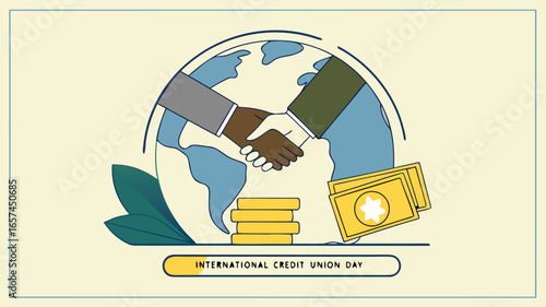 International Credit Union Day Vector Illustration - Handshake with Coins, Globe and Finance Icons in Trust-Based Flat Design