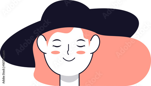 A smiling woman with closed eyes wearing a large black hat, depicted in a minimalist graphic style.