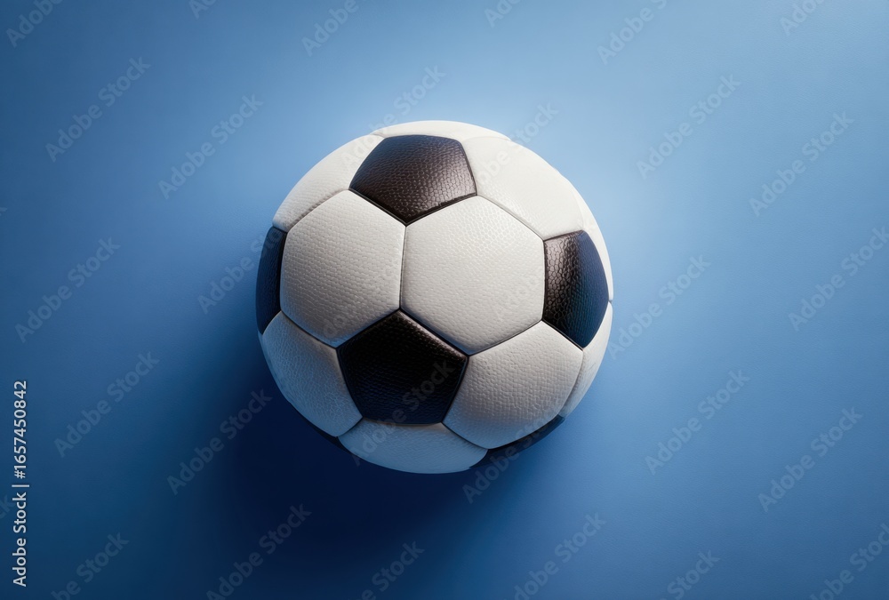 Naklejka premium Close-up of a classic black and white soccer ball resting on a smooth blue with soft lighting and subtle shadows