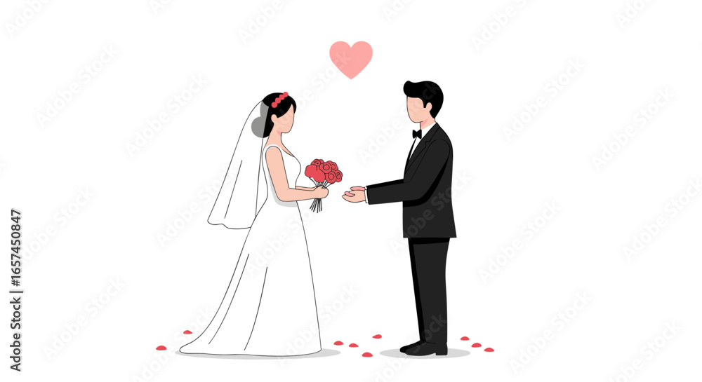 A Wedding Illustration This charming illustration depicts a couple at a wedding, a bride holding a bouquet, and a groom in a tuxedo, symbolizing love and commitment. A Wedding Illustration This charming illustration depicts a couple at a wedding, a bride holding a bouquet, and a groom in a tuxedo, symbolizing love and commitment.