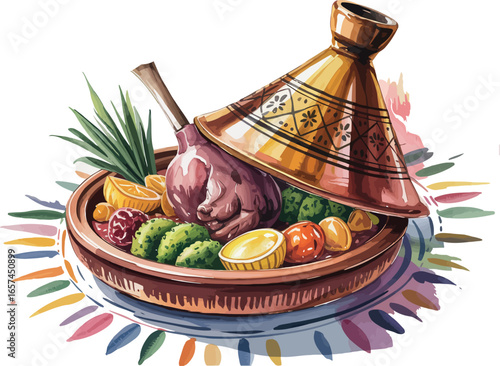 A beautiful and vibrant illustration of a Moroccan tagine, with its distinct conical lid partially lifted to reveal a hearty stew.