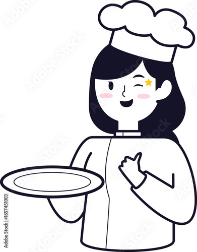 Cartoon illustration of a female chef winking with a star on her face, holding an empty plate and giving a thumbs up.