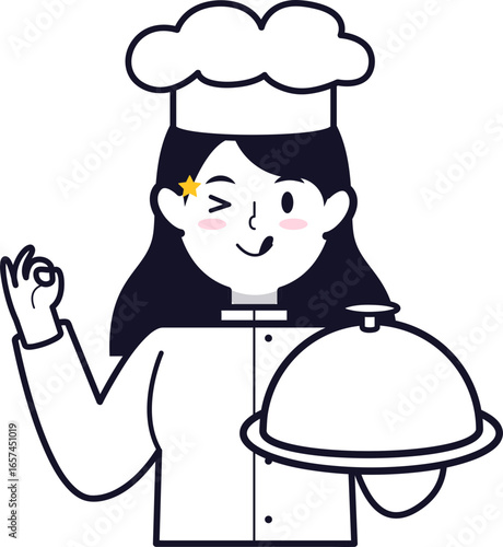 A cartoon chef woman holding a covered dish, giving an okay sign, with a happy expression.