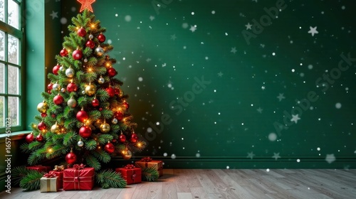 A Festive Christmas Tree with Ornaments and Presents in a Room with a Green Wall and Falling Snow