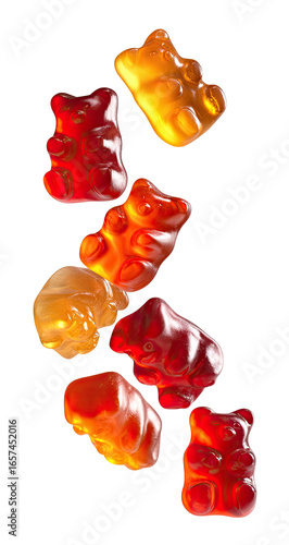 Vibrant gummy bears in various shades of red and orange, falling or levitating against a black background