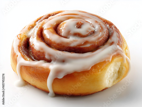 Freshly Baked Cinnamon Roll with Icing Isolated on White Background