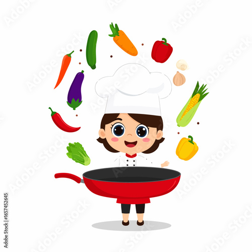 Cartoon Chef Preparing Delicious Meal with Fresh Vegetables in a Frying Pan