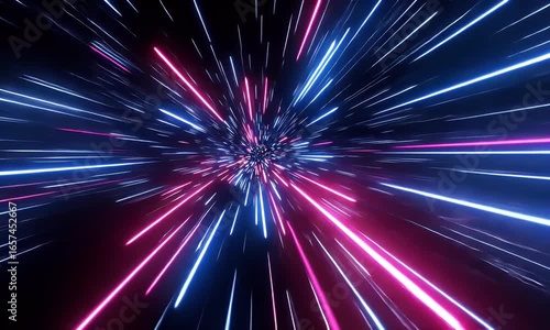 
3D render, abstract background with neon light rays and glowing lines in blue, purple, and pink colors on a black background. Moving rapidly through a space-time tunnel, creating a speed motion effec