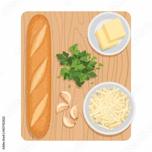 Garlic bread ingredients: baguette, butter, parsley, garlic, cheese.