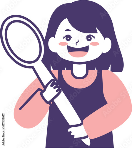 Cheerful cartoon girl holding a large spoon, smiling and looking directly at the viewer.