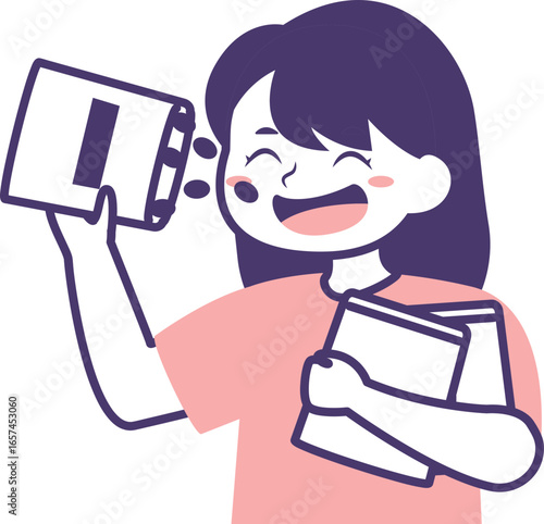 A joyful young woman enthusiastically pours small dark objects from a book into her open mouth, holding more books.