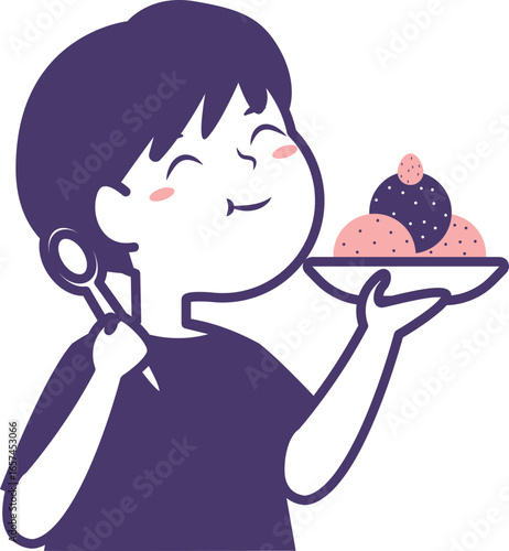 A joyful cartoon character with rosy cheeks happily eating a sweet dessert from a plate using a spoon.