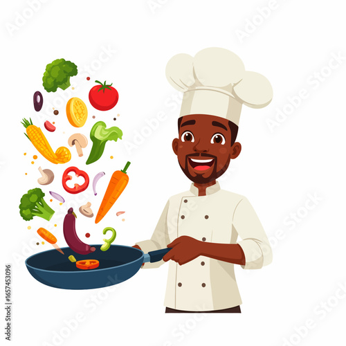 Joyful Chef Concept Illustrates Healthy Cooking with Fresh Vegetables A dynamic culinary artist prepares a vibrant, nutritious meal showcasing the concept of wellness.