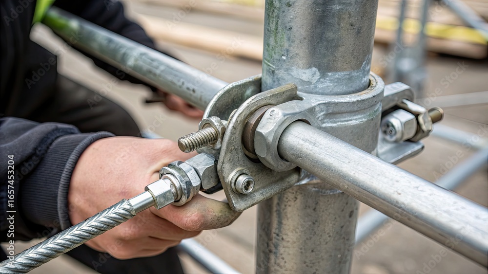 Close-up of scaffolding assembly with metal fittings Close-up of scaffolding assembly with metal fittings