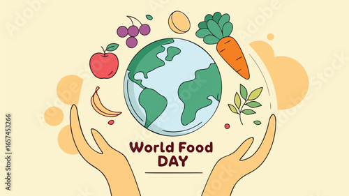 World Food Day Vector Illustration - Hands Holding Globe with Fruits and Vegetables in Flat Elegant Design for Global Nourishment Campaign