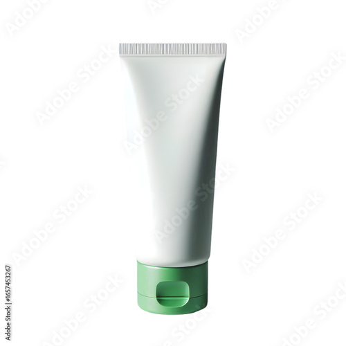 Blank white cosmetic tube with green cap on black background