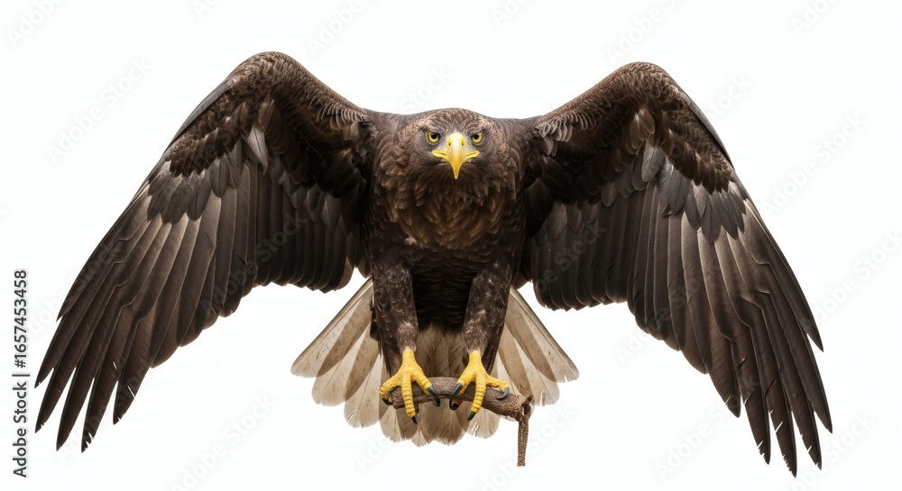 Fototapeta premium A golden eagle perched on a branch with its wings spread wide against a white background looking forward