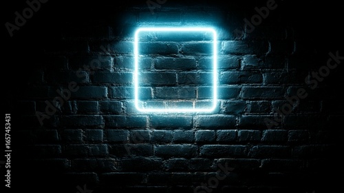 Empty neon rectangle frame dark brick background