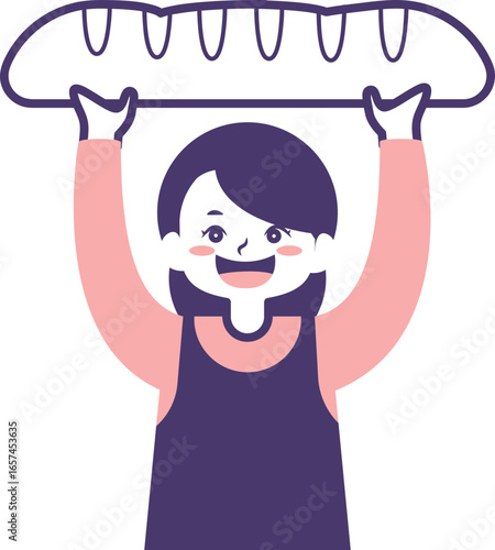 Smiling woman holding a large baguette above her head, wearing an apron, in a simple cartoon style.